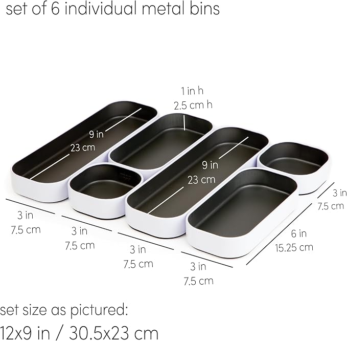 Three by Three Seattle Metal Stacking Bins Drawer Organizer, 6-Pc (Gray) | Food-safe stackable metal bins; customize your drawer layout; great for kitchen, bathroom, vanity & office drawers - Image 3