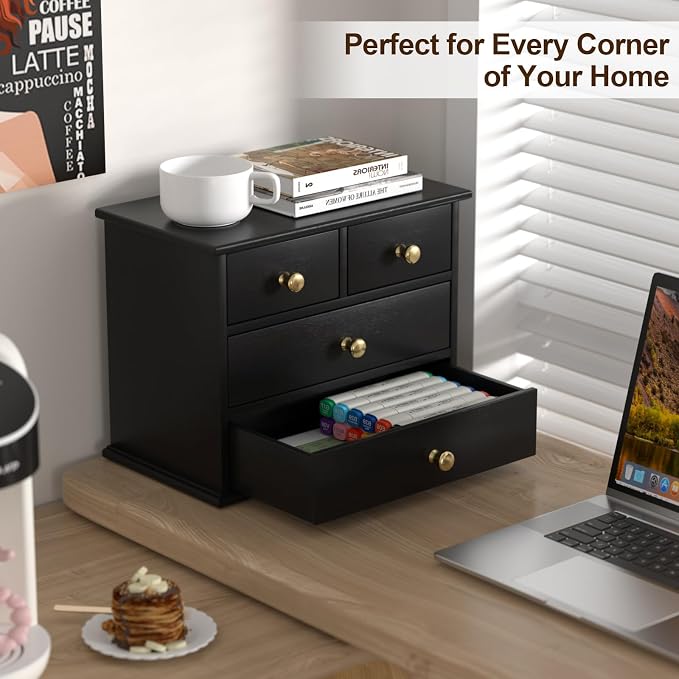 Oak Desk Organizer with Drawers, Durable Wooden Desktop Storage Box | 4 Drawer Tabletop Organizer with Metal Handles & Non-Slip Pads for Office, Bedroom, Bathroom, Vanity & Makeup Storage, Black - Image 4