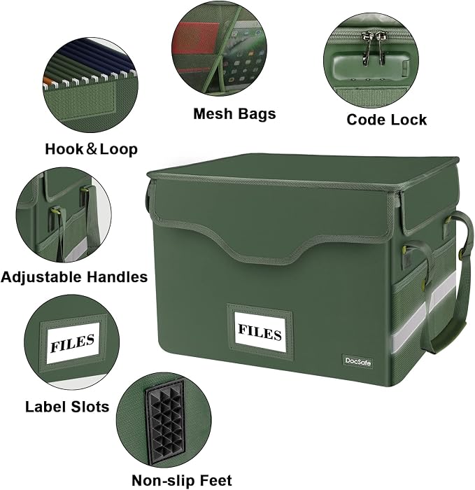 DocSafe Fireproof Document Box with Lock,File Storage Organizer with Pockets,Collapsible Portable File Box Home Office Safe Filing Cabinet with Handle for Hanging Letter/Legal Folders,Green,2 Pack - Image 4