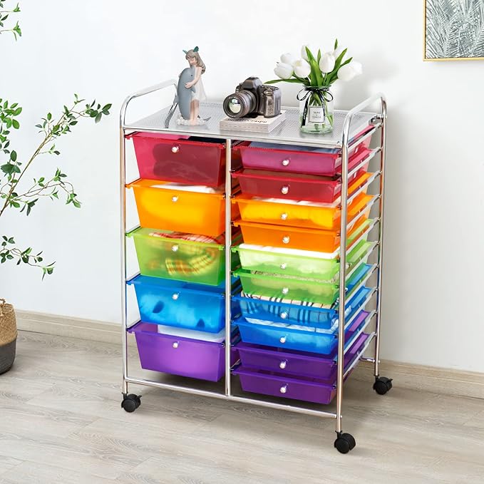 COSTWAY 15 Drawer Rolling Storage Cart, Mobile Storage Organizer | Removable Drawers & Metal Frame, Multipurpose Utility Tools Paper Organizer on Wheels for Home, Office (Rainbow) - Image 2