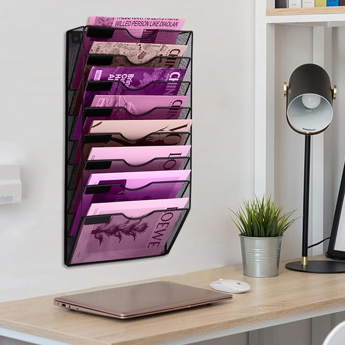 8 Pockets Mesh Wall File Holder Organizer Office Hanging File Folder Magazine Rack, Nametag Label Hooks Set Included (Black) - Image 7