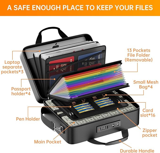 ENGPOW Fireproof Document Box with Lock & 13 Pockets Accordion File Folder | Hard Case File Organizer Home Safe Box with Multi Pockets,Protects Important Documents,Certificates,Laptop,Passports,Black - Image 9
