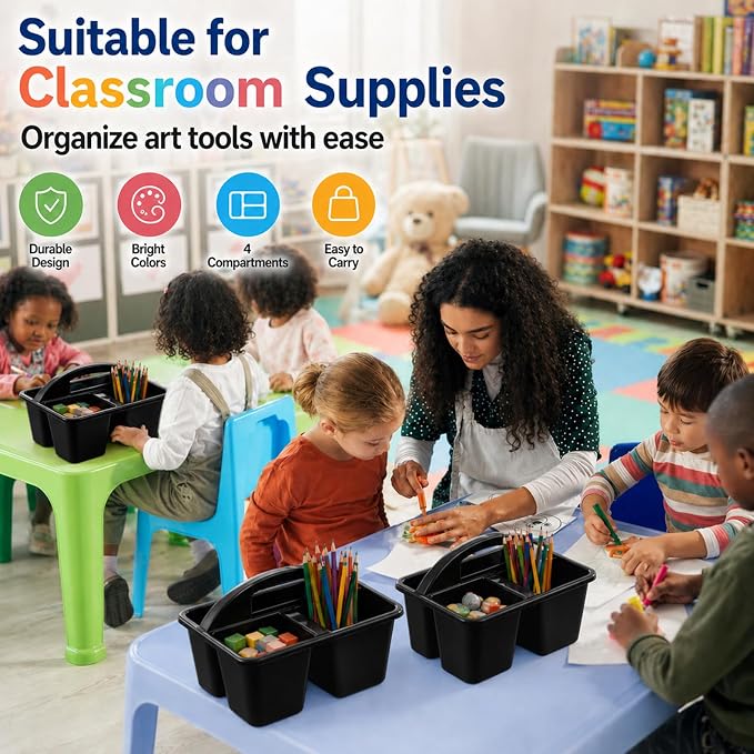 gisgfim 6 Pack Plastic Classroom Caddy with 4-Compartments Plastic Storage Caddies with Handle 4 Compartments Table Caddy Organizer Versatile Table Caddies for Classroom Office, Black - Image 5