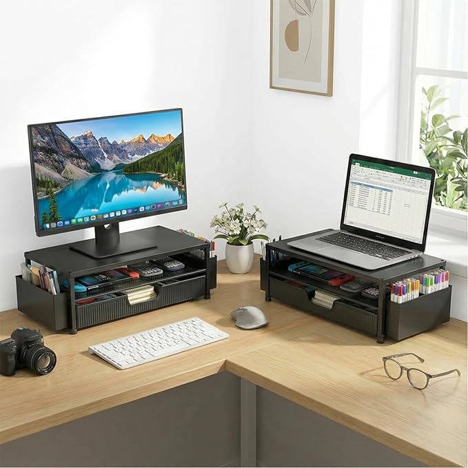 ECOLOVI Desk Organizer and Accessories, 2-Tier Computer Monitor Stand Rise with Storage Drawer & 2 Pen Holders, Laptop & Printer Stand for Desktop, Workspace Organizers for Office Supplies (Black) - Image 6
