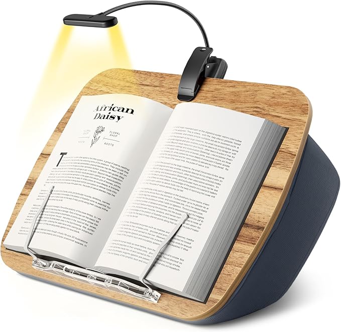 Reading Book Pillow Stand with 3-Color Adjustable Light | Hands-Free Book Holder for Bed or Lap, Wooden Surface, AAA Batteries Required by HUMANCOZY