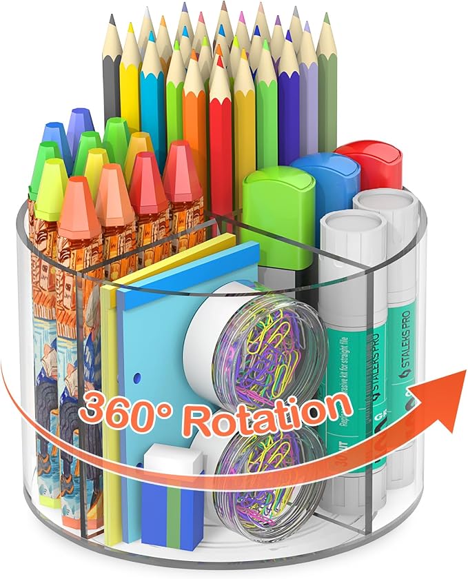 Mefirt Acrylic Pen Holder, 360 Degree Marker Organizer for Desk, Rotating Desk Storage With 4 Compartments, Art Supply Crayon Holder for Office School Home, Clear by Mefirt