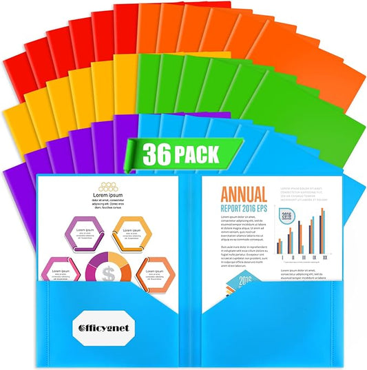 Officygnet 36 Packs 2 Pocket Folders, Bulk Durable Heavy Duty Plastic Folders for School and Office Supplies, Multicolor Two Pocket Folder for Letter Size Paper, 6 Colors by Officygnet