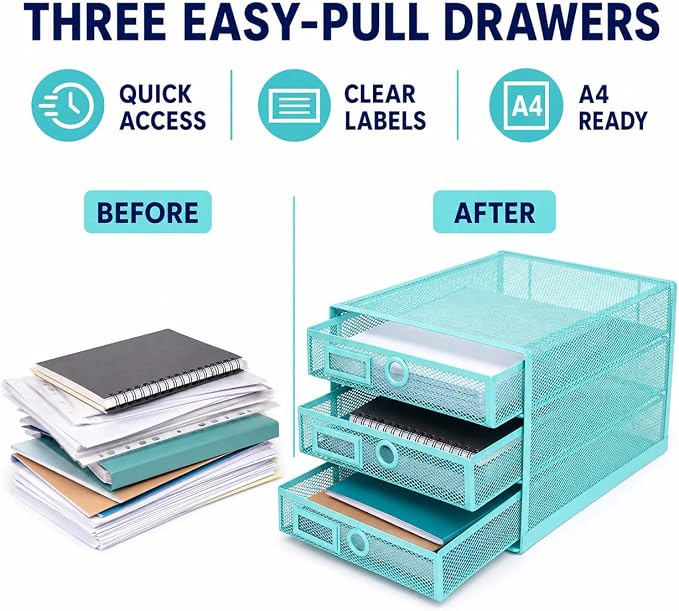 Exerz Paper Sorter 3 Drawer Wire Mesh A4 / Desk Multifunctional Desk Organiser/Multi-Layer Letter Tray - for Documents, Magazines, Notebooks and Letter | Desk Organiser Pull Out Trays Keep Files Letters Magazines Folders Notebooks Neatly Separated Easy... - Image 6