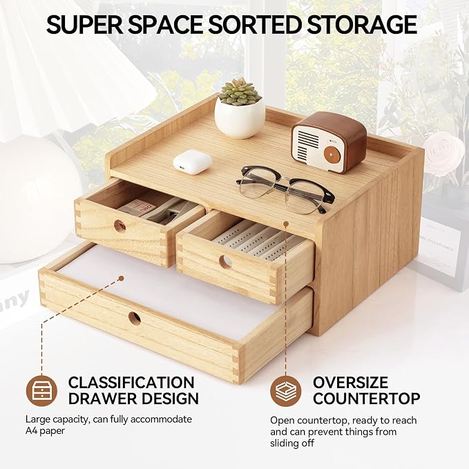 KIRIGEN Wooden Desk Organizer with 3 Drawers and Top Tray Natural DT2D3C-NA | 3-Drawer Cabinet with Top Shelf Stores Papers, Office Supplies, Cosmetics, Crafts, and Small Accessories on Desks or Counters - Image 4
