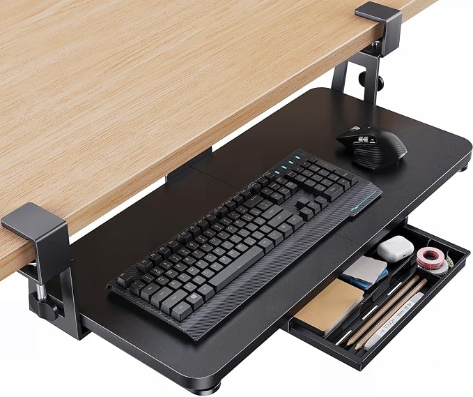 HUANUO Large Under Desk Keyboard Tray with Sturdy C-Clamp Mount, 26 (30.16" Including Clamps) x 12 inch Slide-Out Platform Computer Desk Heavy Duty Keyboard Tray with Storage Drawer for Typing, Black by HUANUO