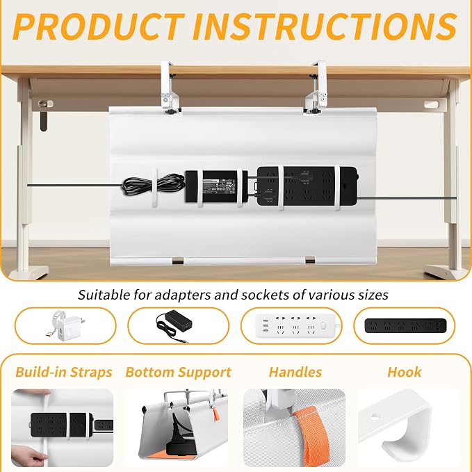Under Desk Cable Management Tray No Drill, 28Inch Cable Management,White | Clamp and Screw Mount Cable Management Tray, Extra Large Capacity Desk Cable Management, Fabric Wire Management for Office - Image 2