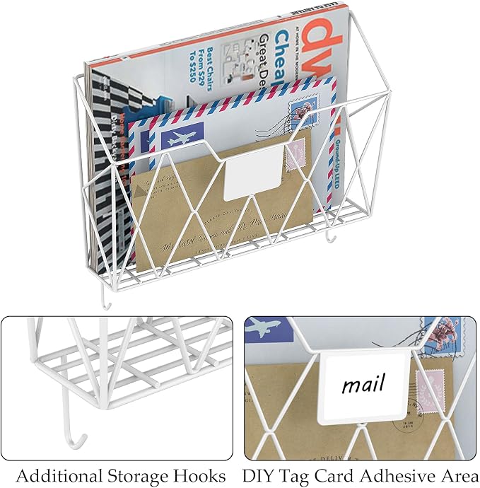 YBING Wall File Organizer White 6 Pack Mesh Hanging File Holder Organizer Metal Wire Mail Organizer Wall Mounted Office Papers Holder Hanging File Folders With Hooks - Image 2