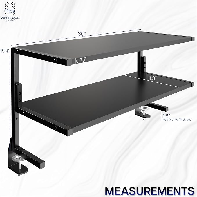 VIVO Black Clamp-on 30 inch 2-Tier Desk Shelf, STAND-SHELF30C | Above or Below Desk, 2 Level Shelving Unit for Table Accessories, Gaming Devices, and More, Storage Tray, Desktop Organizer - Image 3