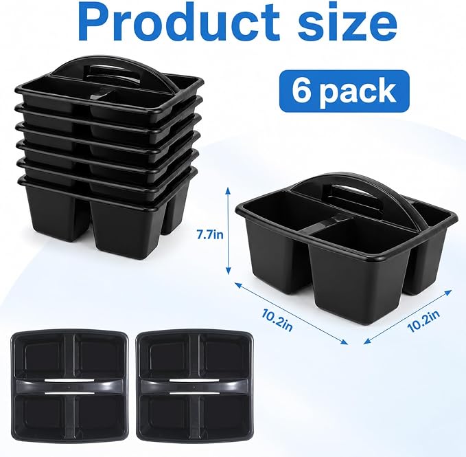 6 Pack Assorted Colors Classrooms Caddy 4 Compartment Classroom Caddy Compartment Caddies Set Table Caddies Classrooms with Handle for Classroom Organization Table Desk Office Supplies(Black) - Image 2