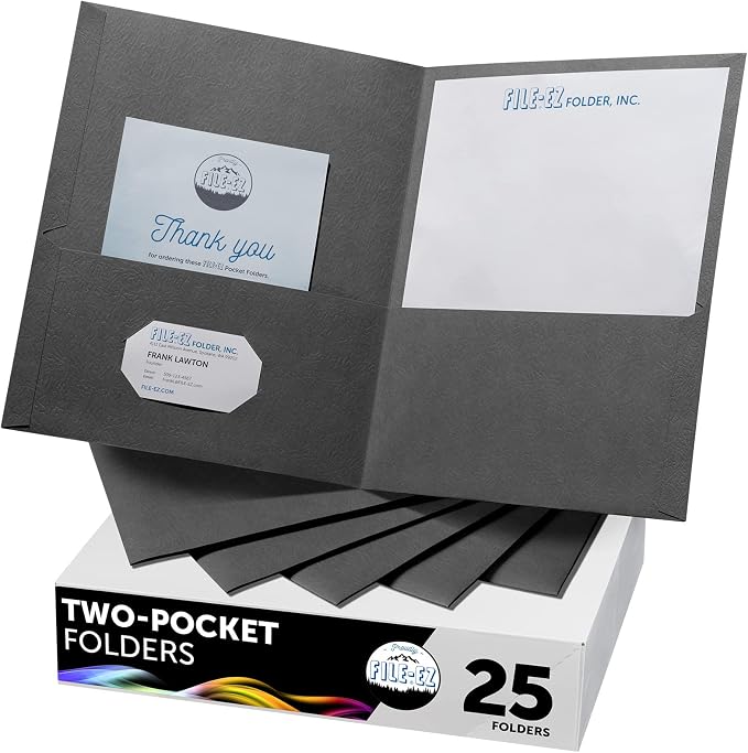 FILE-EZ Two-Pocket Folders, Dark Gray Color, 25-Pack, Textured Paper, Matte Finish, Letter Sheet Size (EZ-32531) by FILE-EZ