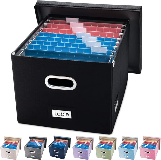 File Organizer Box - Set of 1 Collapsible Decorative Linen Filing Storage Hanging File Folders with Lids Office Cabinet Letter/Legal Size Black (17x14x11.2 inch) by Prandom