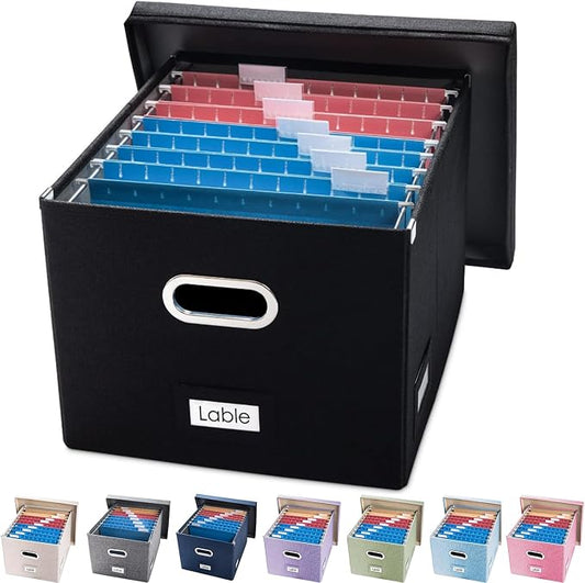 File Organizer Box - Set of 1 Collapsible Decorative Linen Filing Storage Hanging File Folders with Lids Office Cabinet Letter/Legal Size Black (17x14x11.2 inch) by Prandom