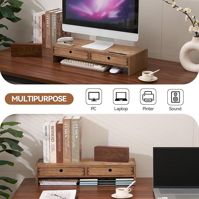 KIRIGEN Solid Wood Monitor Stand with 2 Drawers, Desk Riser, Brown PMJ-DBR | Desktop Organizer with Cable Opening and Pen Slots Stores Office Supplies, Supports Up To 50 Lb and Arrives Fully Assembled - Image 3