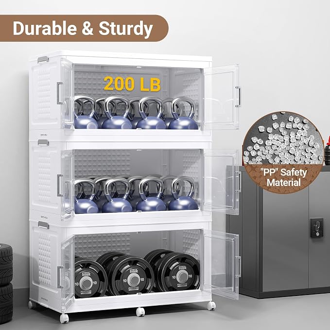 BROVIEW 324 Qt Stackable Storage Bins Foldable Cabinet, V40 White 3-Pack | Extra Large Collapsible Storage Bins with Lid Doors Wheels Dividers, Closet Organizers and Storage Drawer for Home Office - Image 5