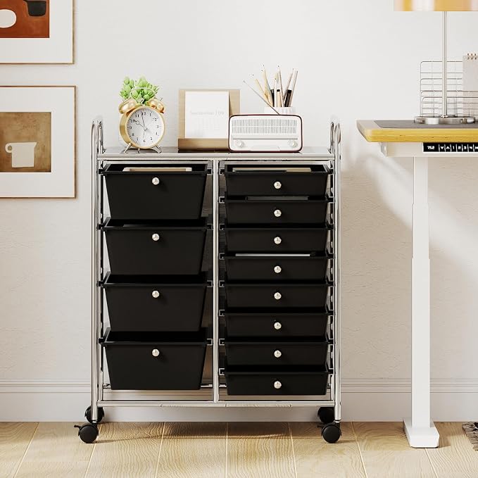Giantex 12 Drawer Rolling Cart with Drawers, Storage Organizer Cart for Classroom Office School Teacher, Mobile Drawer Cart for Tools, Crafts, Small Printer, Black - Image 2