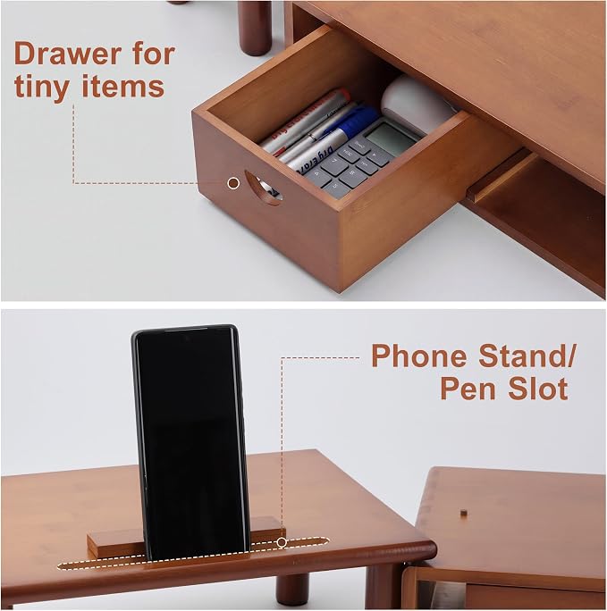 Dual Monitor Stand Riser with Drawer for Desk Laptop | Desk Shelf with Adjustable Length and Angle, Bamboo Computer Stand Riser for 2 or 3 Monitors Screen Laptop PC TV Brown - Image 3