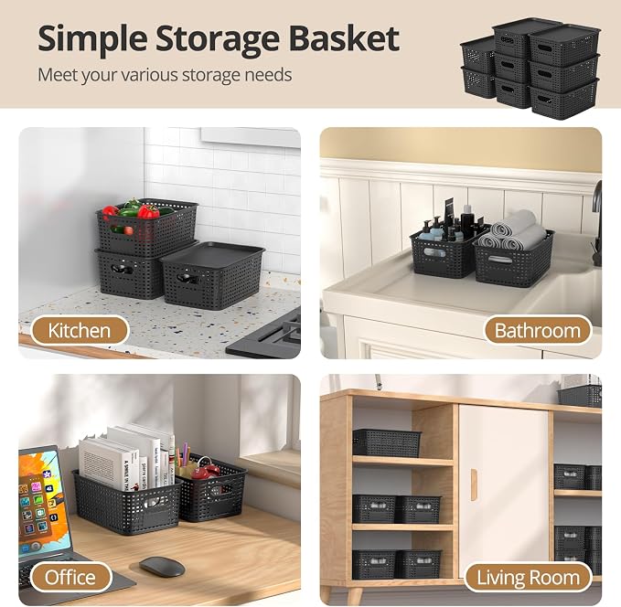 Plastic Storage Basket with Lid, Stackable Small Box Bins for Organizing and Containers for Shelves Drawers Desktop Closet Playroom Pantry Classroom Office Home, 8 Pack 10.2x7.2x4.1 Inch, Black - Image 5