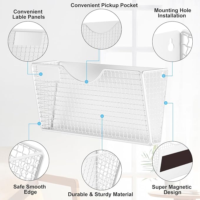 MFTEK Magnetic File Holder, 3 Pockets Wall File Folders Holder No Drilling Magnetic Paper Mail Organizer Magazine Basket, Hanging Storage Rack for Fridge Cabinets Office Classroom(White) - Image 3