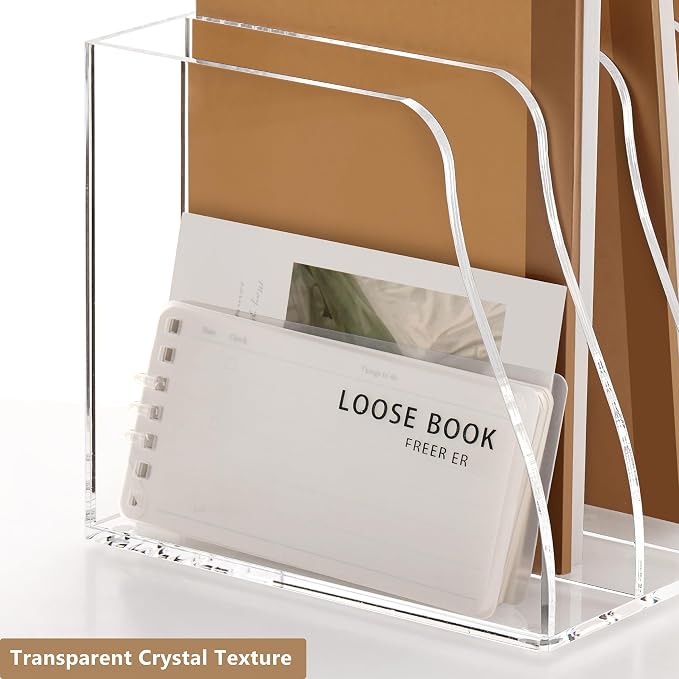 YUXUN Clear Acrylic Desk Organizer for Home Office - 4 Vertical Compartments No Assembly Magazine File Holder, Document Sorter Folder Rack Binder for Classroom Dorm Kitchen, Holds Books & Accessories - Image 5