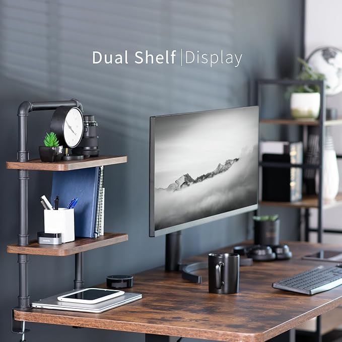 VIVO Clamp-on Premium 16 inch Industrial Pipe 2-Tier Tabletop Shelving, Heavy Duty Desk Extension Organizer, Modern Desktop Display Shelf, Rustic Vintage Brown Shelves, DESK-SHELF16-2N - Image 8