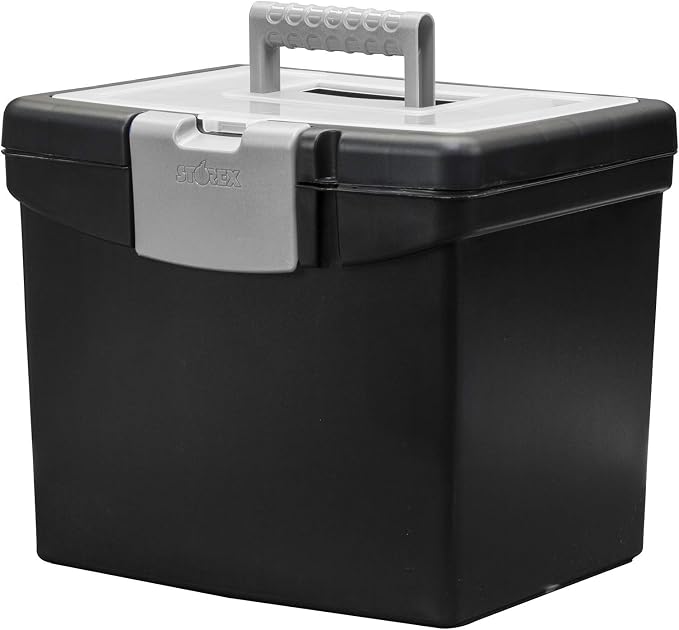 Storex Portable File Box with Organizer Lid – Plastic Office File Storage Box for Letter Paper and Hanging Folders, Obsidian, 1-Count (61504C01C) - Image 2