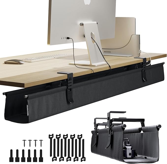 Original No Drill Under Desk Cable Management Tray 53.9" - Premium Black Fabric Cable Management Under Desk - Clamp/Screw Mount Cord Organizer - Supports Upto 66lbs - Extra Large by Ascrono