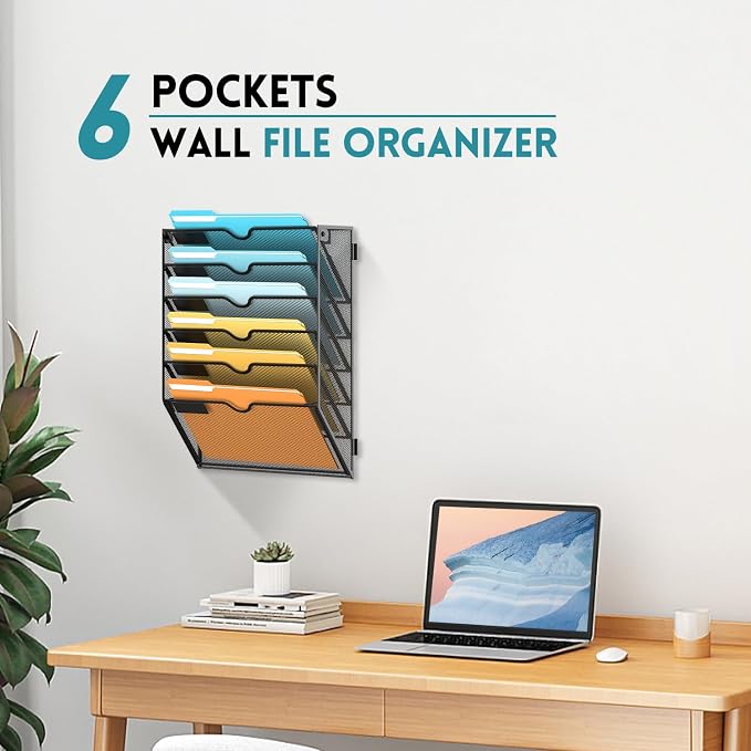 6 Tier Wall File Organizer, Hanging Wall Mounted Mail Organizer with Label Slots, Metal Mesh File Holder Magazine Rack for Office, Home, School or Classroom, Black, 2Pack - Image 6