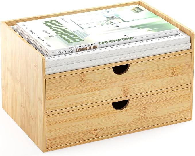 Bamboo Desk Organizer with Drawers, Desktop Storage Box for Office Supplies | 2 Drawers Desktop organizer, No Assembly Required, Natural Wood Wooden Desktop Drawers for Bills, Cosmetics, Seals, Paper by WisuceHome