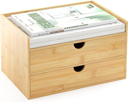 Bamboo Desk Organizer with Drawers, Desktop Storage Box for Office Supplies | 2 Drawers Desktop organizer, No Assembly Required, Natural Wood Wooden Desktop Drawers for Bills, Cosmetics, Seals, Paper by WisuceHome