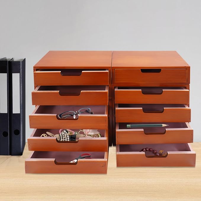 4-Piece Wood Drawer Cabinet Set, Desktop Storage Organizers, 10-Drawer Tabletop Storage Organizer, Desktop Wood Stackable Drawer Cabinet for Home Office Dormitory(Brown) - Image 4