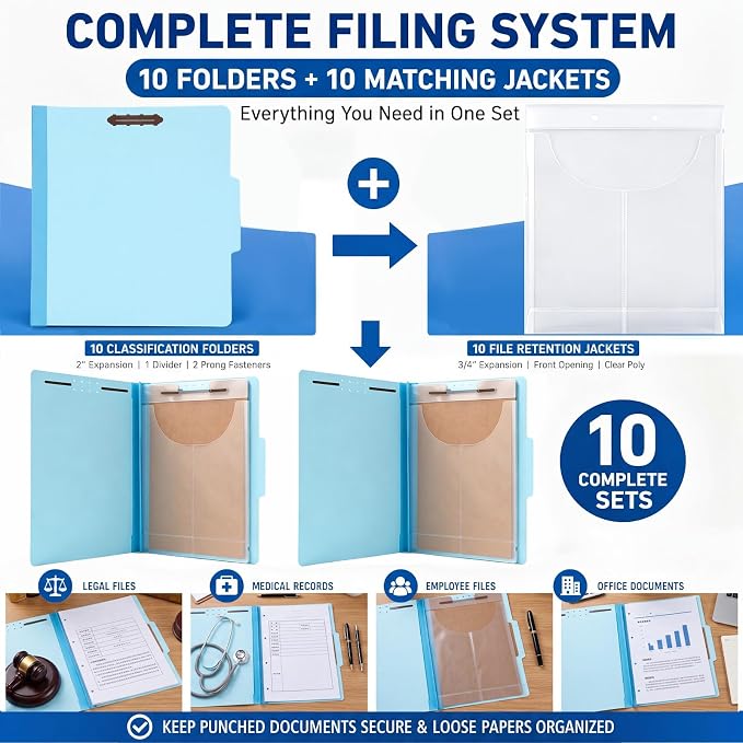 Tinlade 20 Pcs Classification Folder Set Includes 10 Blue Classification Folders with 1 Divider 2" Expansion and 10 Clear Poly File Jackets Letter Size 2 Prong Fasteners for Law Client Medical Files - Image 5
