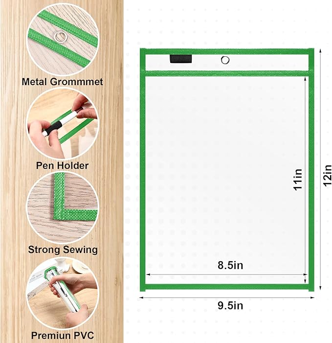 Nezyo Dry Erase Pockets Plastic Job Ticket Holders Shop Holder Order Pockets Clear Sleeves Tickets Folders Plastic Sleeves Paper Teacher Supplies for Classroom(12 x 9.5 in,Green,50 Pcs) - Image 2
