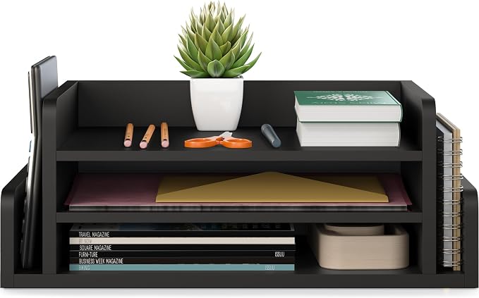 Ballucci 3-Tier Desk Organizer with 2 Side Mail Sorter Slots, Wood Letter Tray, Open Top Paper Organizer, Desktop File Organizer, Black - Image 9