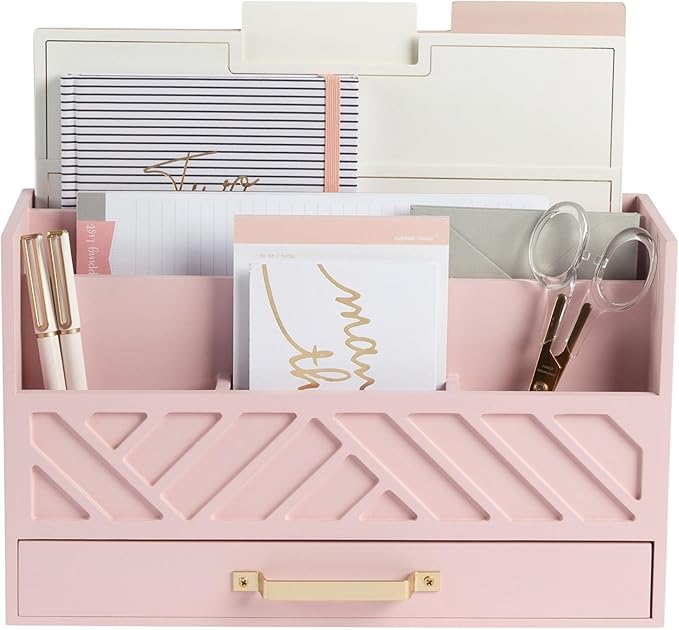 BLU MONACO | Pink Desk Organizers Wooden Mail Organizer with Drawer | Mail Sorter Organizer Countertop Gold Handle | Desk Organizers and Accessories Pink Office Storage by Blu_Monaco
