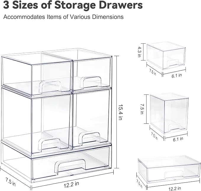 Hvygss Clear Stackable Storage Drawers, Countertop Bottle Organizer 5-Pack | Pull-Out Drawers, Waterproof, Dustproof, Bpa-Free, Space-Saving, For Vanity, Bathroom, Kitchen, Cabinet, Pantry - Image 2