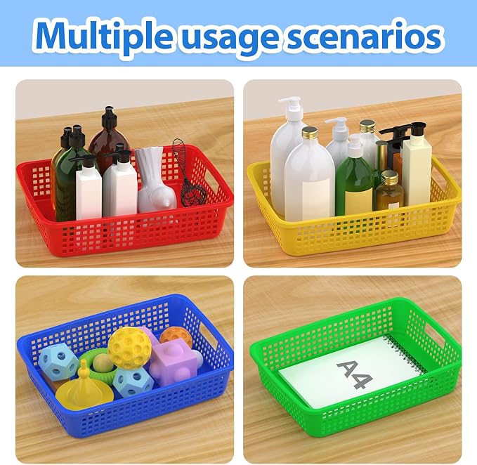 12 Pack Classroom Storage Baskets 15''x10''x3'' Large Plastic Paper Trays with Handle Letter Size A4 Paper Toy Basket Turn in Trays for Library Office Desk Drawer Organizing (12, Bright Color) - Image 4