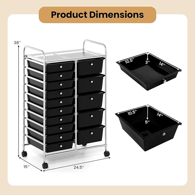 Giantex 15 Drawer Rolling Cart with Drawers, Storage Organizer Cart for Classroom Office School Teacher, Mobile Drawer Cart for Tools, Crafts, Small Printer, Black - Image 3