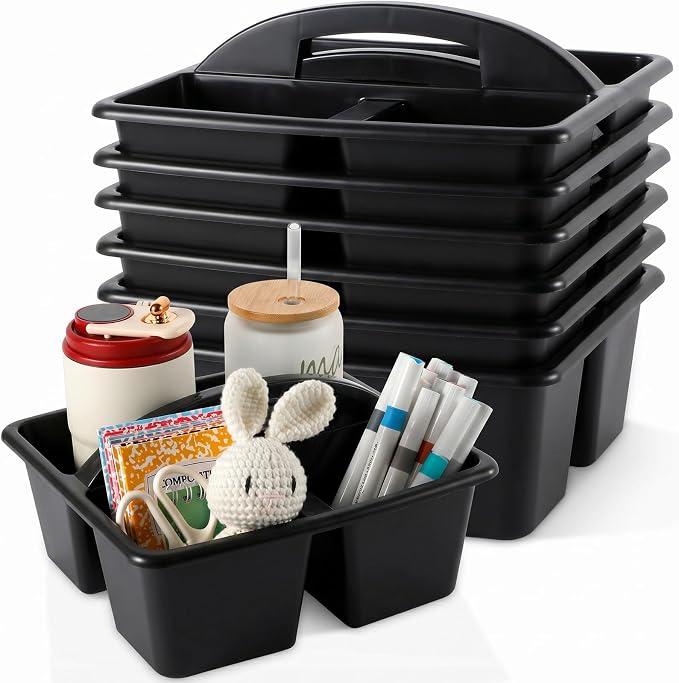 6 Pack 3 Compartment Small Caddy Plastic Classroom Organizer with Handle Portable Teacher Supply Storage Caddy Craft Art Caddies for Pencil, Crayon, Marker, Home, Office, School Supplies(Black) by Yakydesign