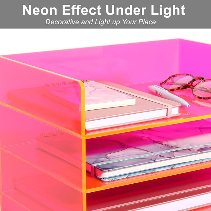 Gelite Acrylic File Organizer for Desk 4 Tiered Stackable Letter Tray Office Paper Storage Desktop Document Sorter, Neon Pink - Image 5
