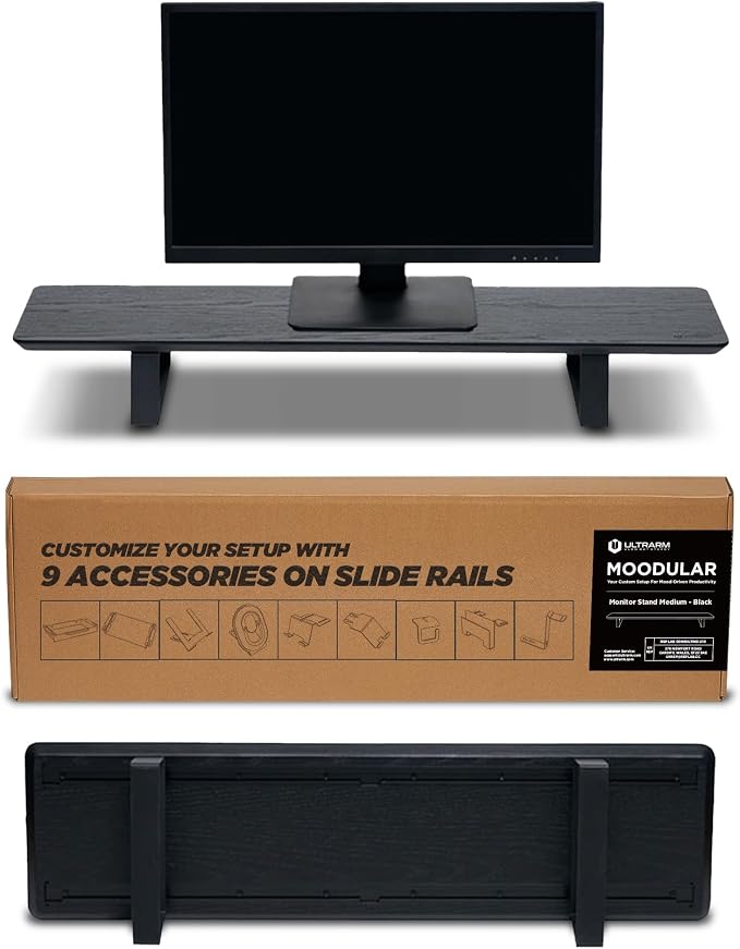 Moodular Wooden Monitor Stand Desk Organizer, Standard 33.4" Black | Customizable Organized Workspace, Aluminum Slide Rails, 10 Add-Ons Sold Separately: Storage Drawer, Tablet, Phone & More by ULTRARM