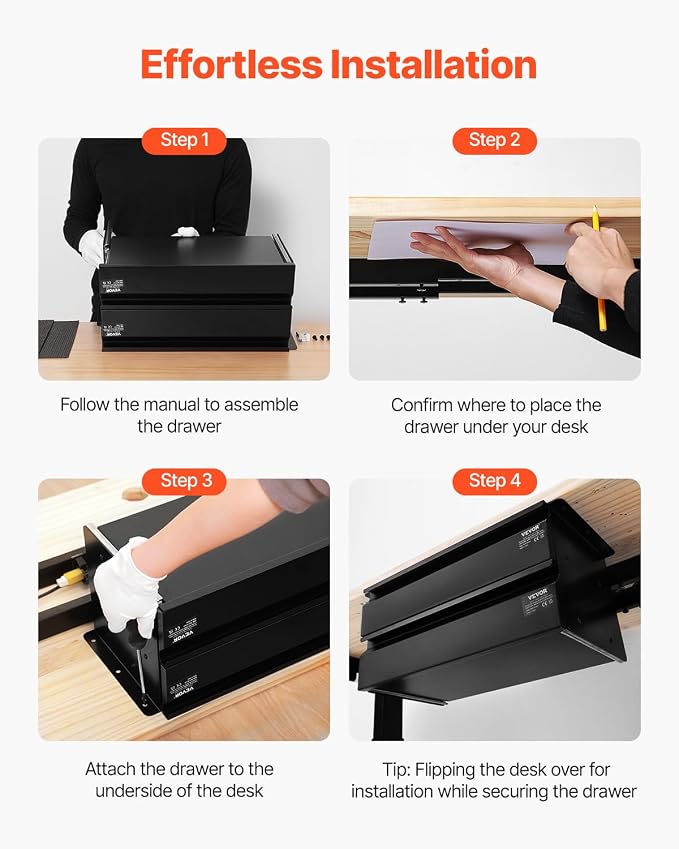 VEVOR Under Desk 2 Layer Slide Out Drawer, 16 inch Under Desk Pull-out Drawer for Home Office Sit Stand Workstation, Black - Image 7