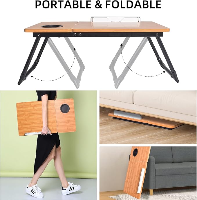 Adjustable Laptop Bed Table with Book Stand, Portable Reading Desk with Side Panel, Wood Grain - Image 5