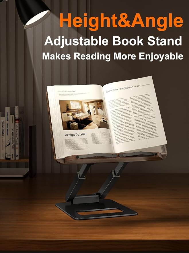 Tounee Telescopic Book Holder - Adjustable Height Cookbook Stand with Elastic Page Clips (Black) - Image 4