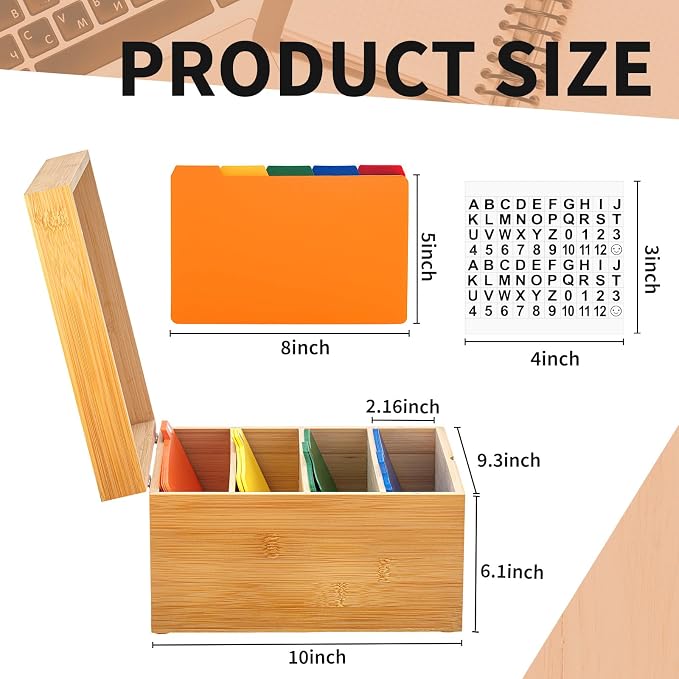 5 x 8 Inch Index Card Holder Set, Bamboo Organizer Box with 50 Dividers & 2 Sheets Alphabet Number Stickers File Note Holders, Holds 1200 Cards for Office Business Home Kitchen, Wooden Color - Image 3