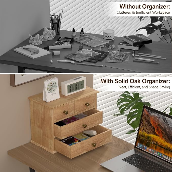 Oak Desk Organizer with Drawers, Durable Wooden Desktop Storage Box | 4 Drawer Tabletop Organizer with Metal Handle & Non-Slip Pad for Office, Bedroom, Bathroom, Vanity, Makeup, Light Burnt Brown - Image 5
